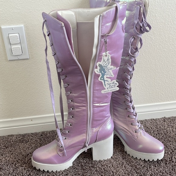 Iridescent Lace Up Knee-High Boots with Chunky Sole - Picture 6 of 9